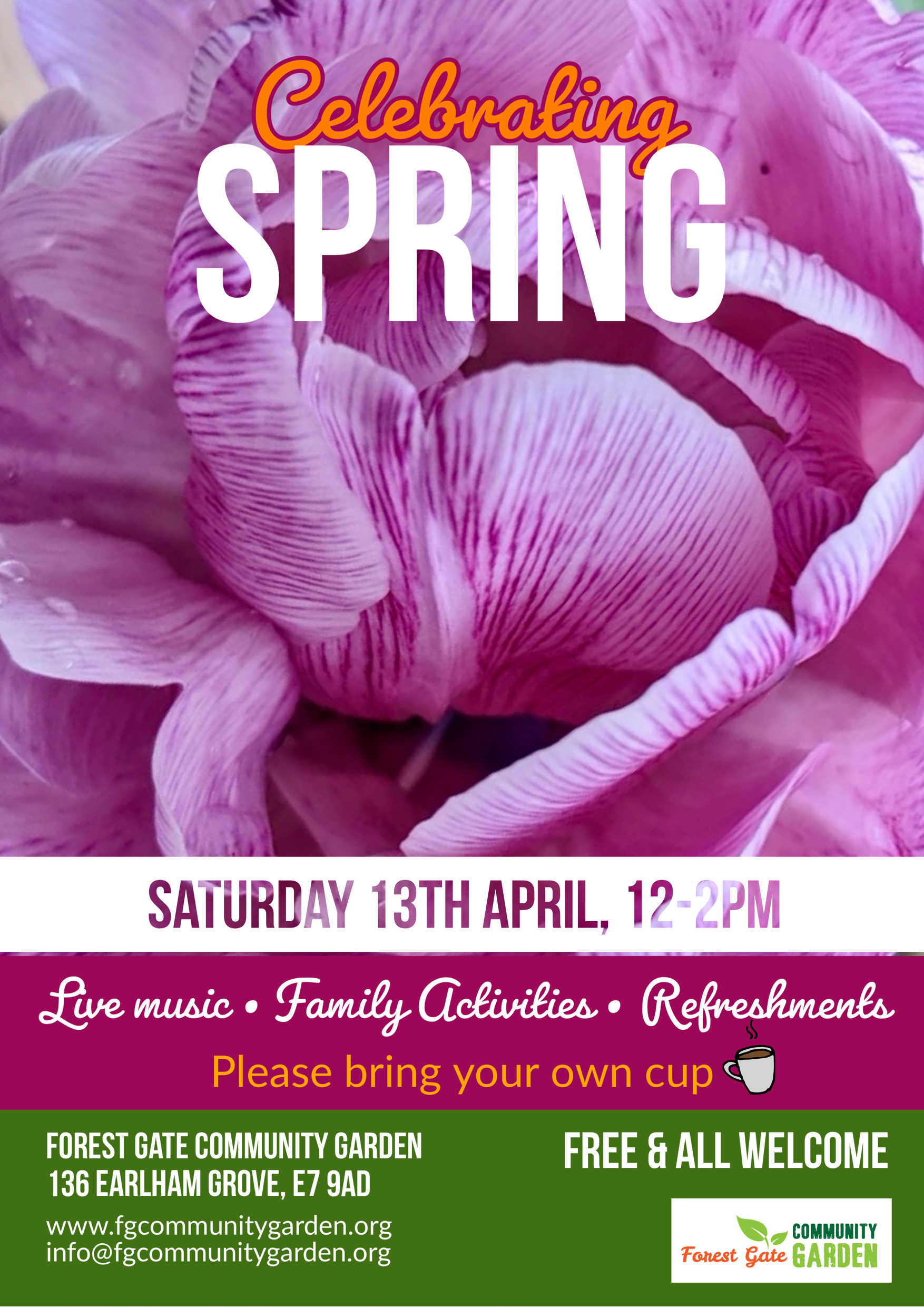 flyer for the upcoming \\spring \celebration in the garden. On Saturday 13th April from 12 - 2pm. all welcome and its Free.