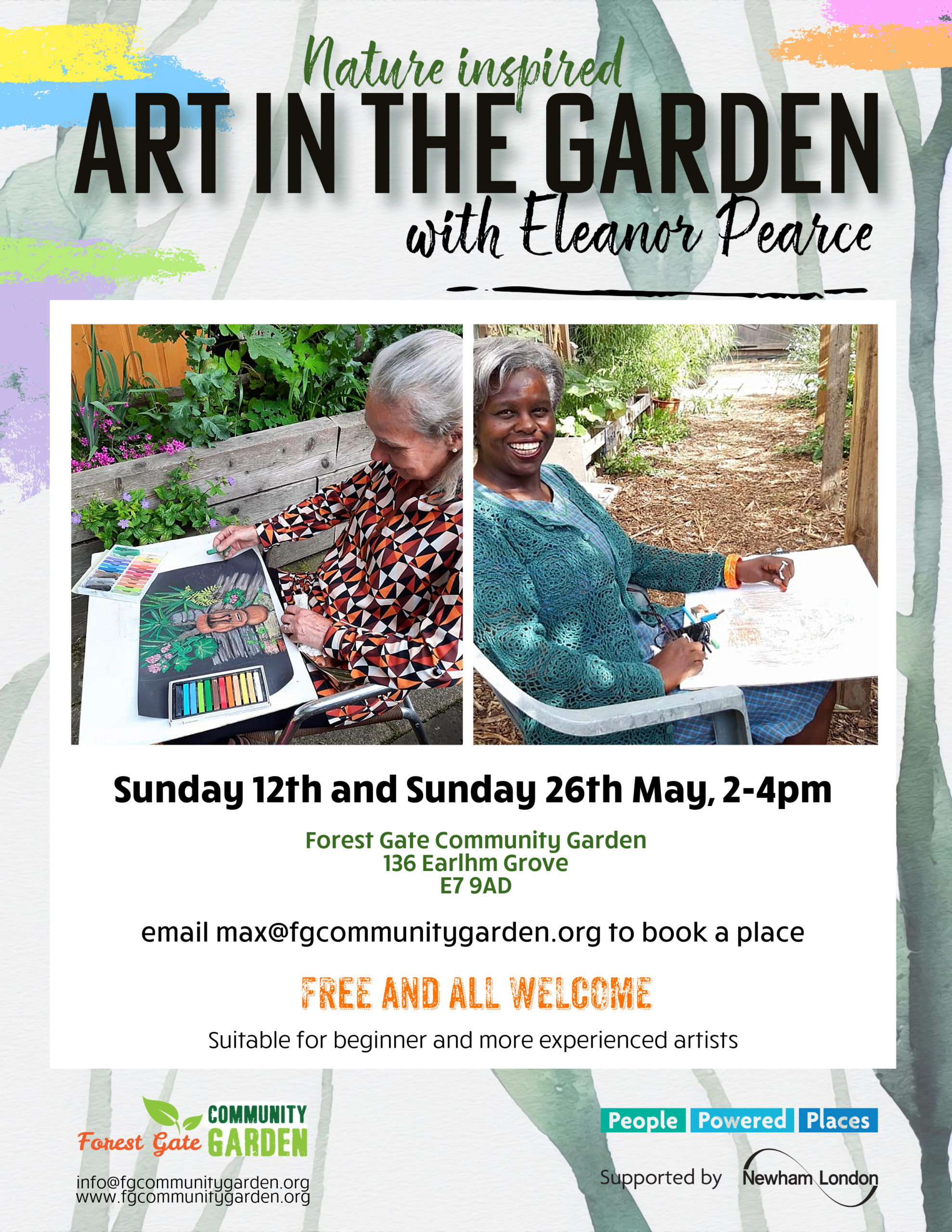 Flyer for the Art in the Garden workshop with Eleanor Pearce