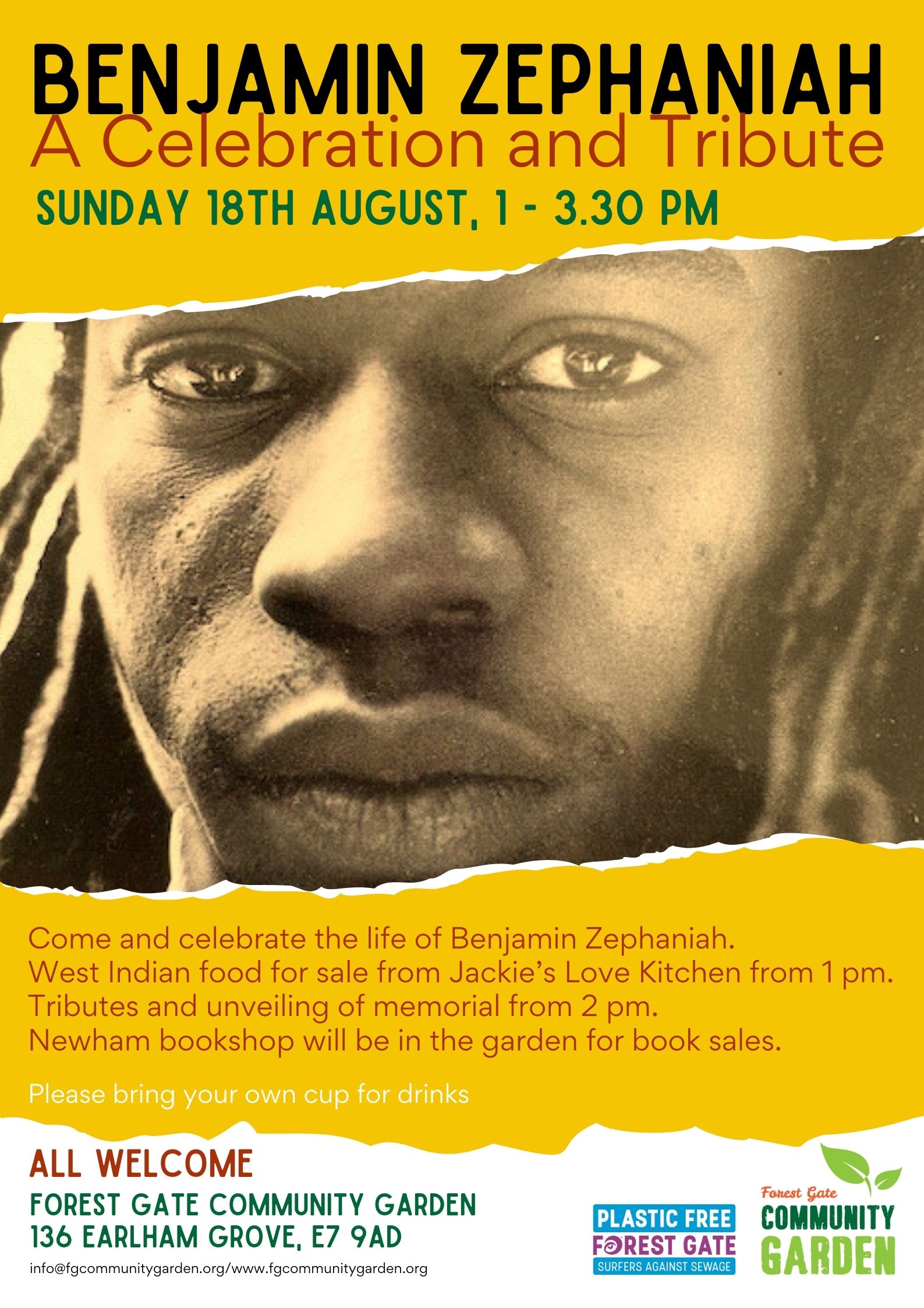 flyer for Benjamin Zephaniah tribute in the garden on the 18th August