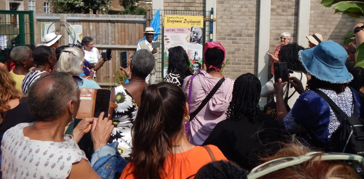 Benjamin Zephaniah garden plague unveiling at Forest Gate community garden