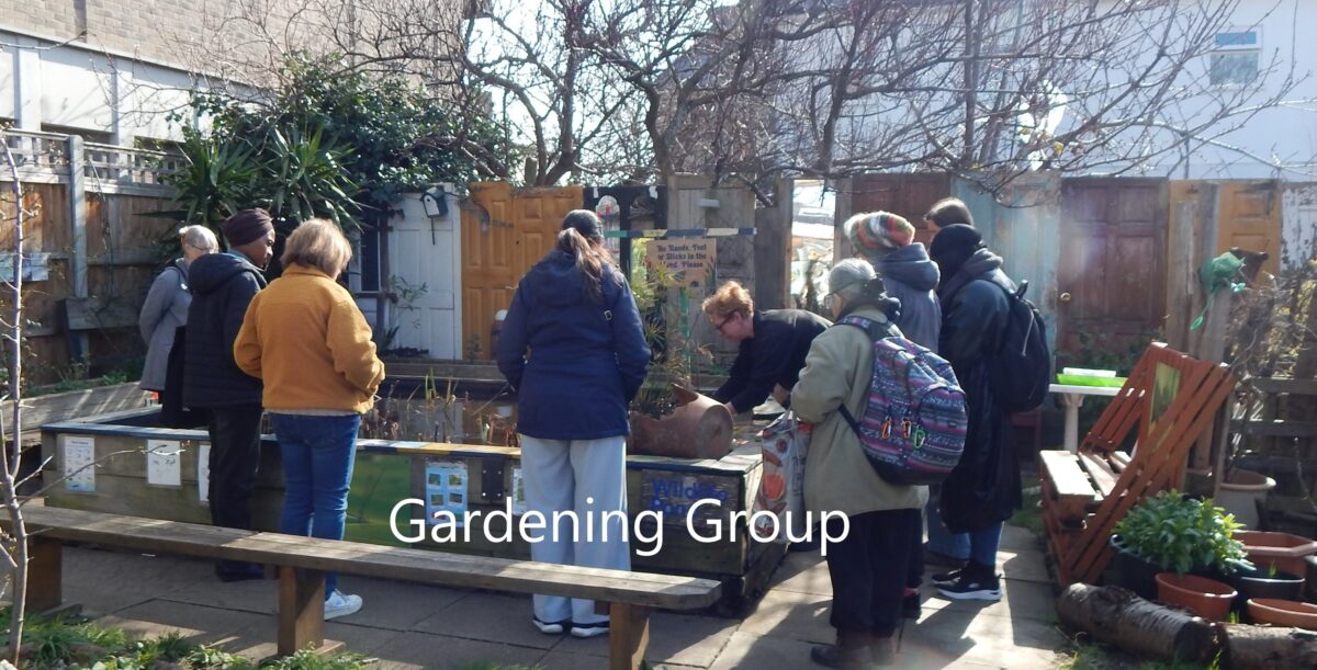 gardening group around the pond